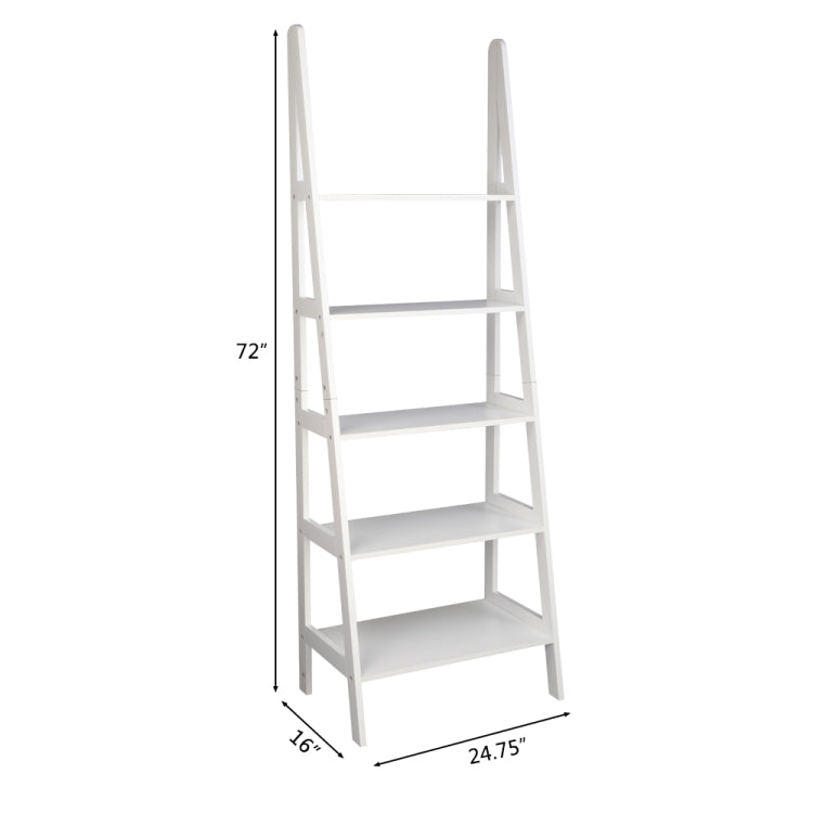 [US Warehouse] Ladder Shelf 5-Tier Multifunctional Modern Wood Plant Flower Book Display Shelf Home Office Storage Rack Size: 182.9x62.9x40.7cm (White)