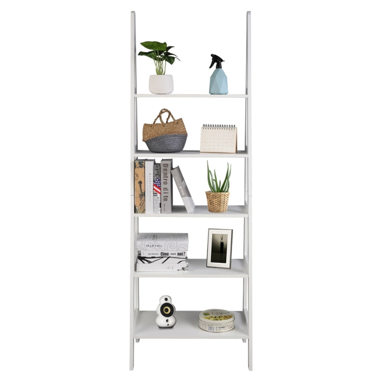 [US Warehouse] Ladder Shelf 5-Tier Multifunctional Modern Wood Plant Flower Book Display Shelf Home Office Storage Rack Size: 182.9x62.9x40.7cm (White)