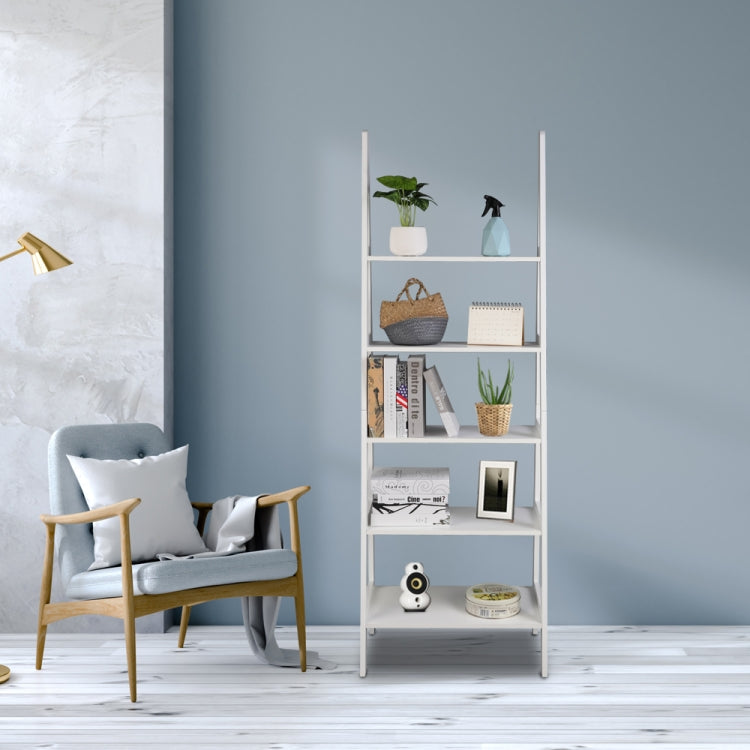 [US Warehouse] Ladder Shelf 5-Tier Multifunctional Modern Wood Plant Flower Book Display Shelf Home Office Storage Rack Size: 182.9x62.9x40.7cm (White)