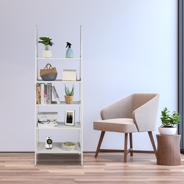 [US Warehouse] Ladder Shelf 5-Tier Multifunctional Modern Wood Plant Flower Book Display Shelf Home Office Storage Rack Size: 182.9x62.9x40.7cm (White)