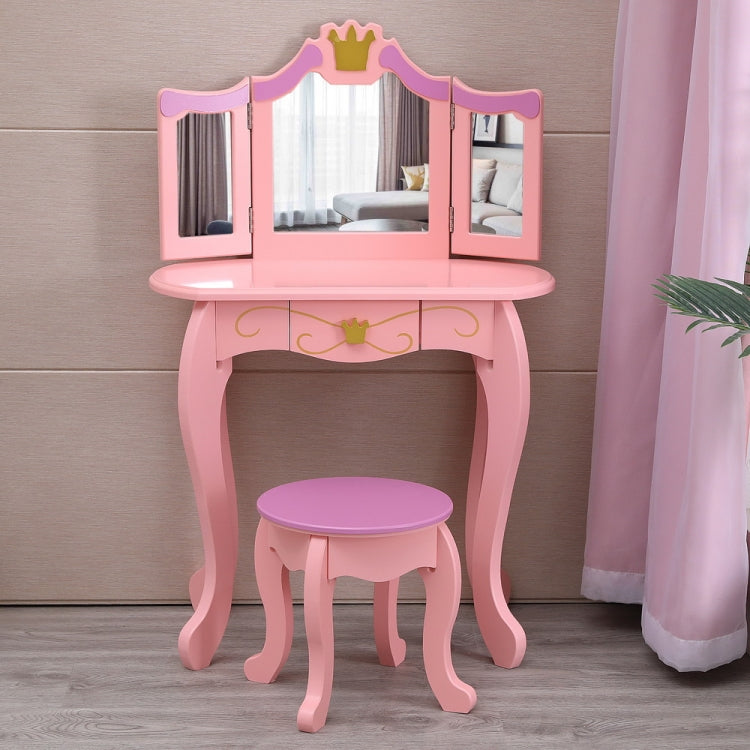 [US Warehouse] Children Three Foldable Mirrors Curved Legs Single Drawer Dressing Table, Table Size: 86 x 46 x 35cm(Pink)