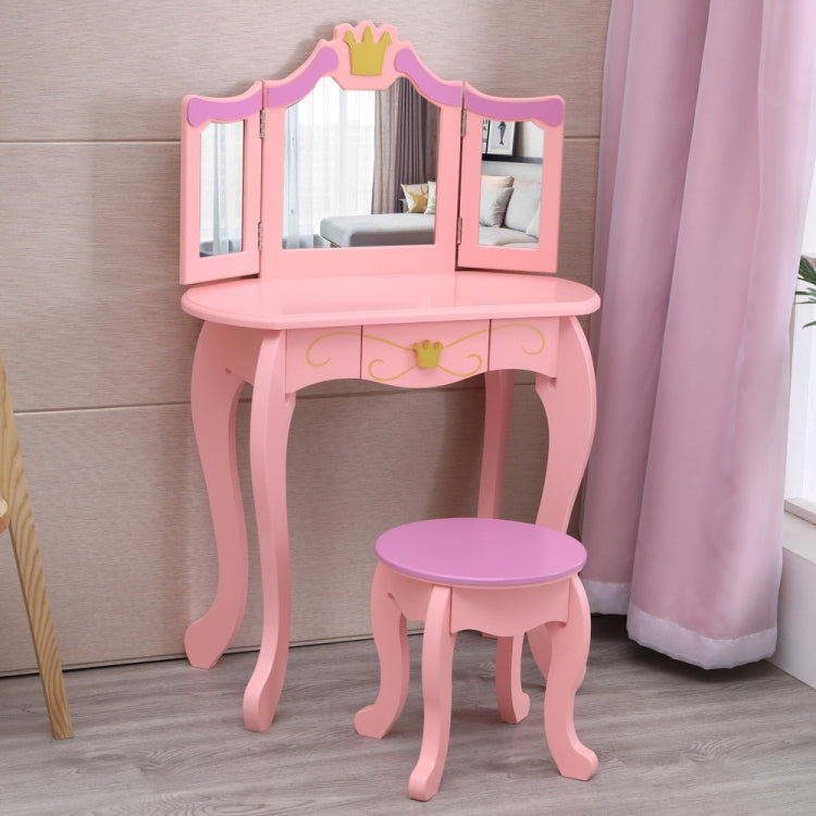 [US Warehouse] Children Three Foldable Mirrors Curved Legs Single Drawer Dressing Table, Table Size: 86 x 46 x 35cm(Pink)