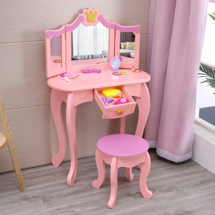 [US Warehouse] Children Three Foldable Mirrors Curved Legs Single Drawer Dressing Table, Table Size: 86 x 46 x 35cm(Pink)
