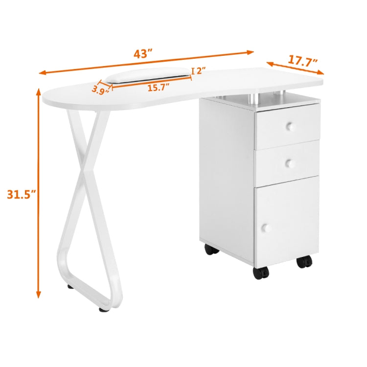 [US Warehouse] Single Side X Type One Door Manicure Table with 2 Drawers & Ceramic Handle & Hand Pillow & Wheels (White)