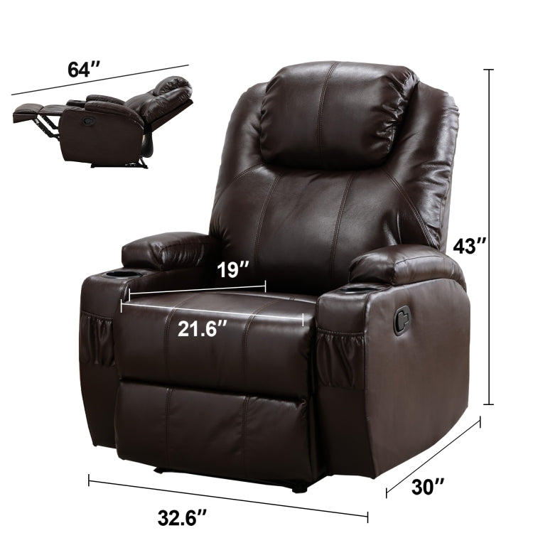 [US Warehouse] Ergonomic Leather Recliner Chairs with 2 Cup Holders(Brown)