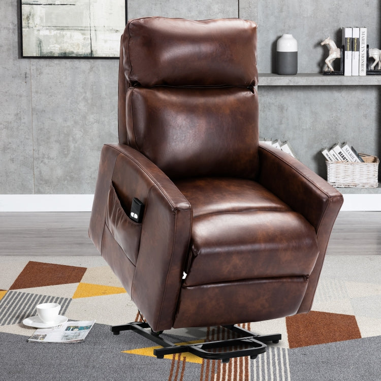 [US Warehouse] Faux Leather Lift Recliner Chairs for Elderly with Side Pocket (Red Brown)