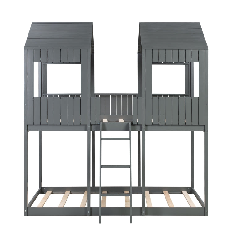 [US Warehouse] Twin-Over-Full Bunk Bed WoodBunk Bed with Roof&Window&Guardrail&Ladder, Size: 200x142.8x217.2cm(Grey)