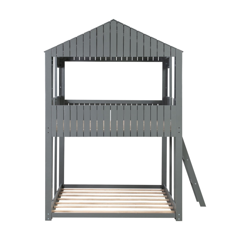 [US Warehouse] Twin-Over-Full Bunk Bed WoodBunk Bed with Roof&Window&Guardrail&Ladder, Size: 200x142.8x217.2cm(Grey)