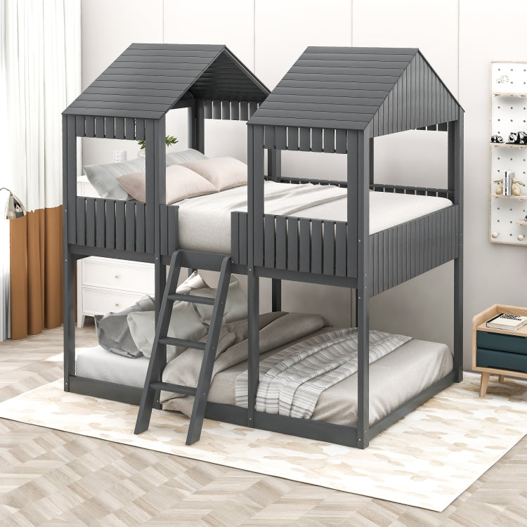 [US Warehouse] Twin-Over-Full Bunk Bed WoodBunk Bed with Roof&Window&Guardrail&Ladder, Size: 200x142.8x217.2cm(Grey)