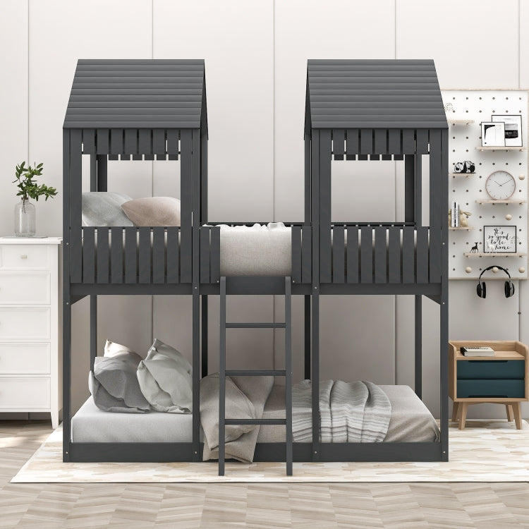 [US Warehouse] Twin-Over-Full Bunk Bed WoodBunk Bed with Roof&Window&Guardrail&Ladder, Size: 200x142.8x217.2cm(Grey)