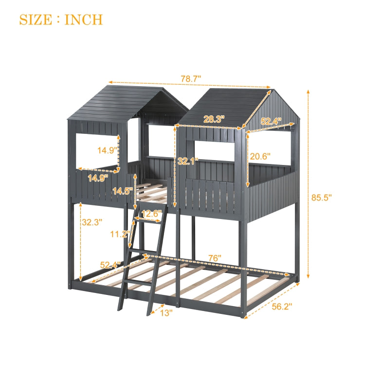 [US Warehouse] Twin-Over-Full Bunk Bed WoodBunk Bed with Roof&Window&Guardrail&Ladder, Size: 200x142.8x217.2cm(Grey)