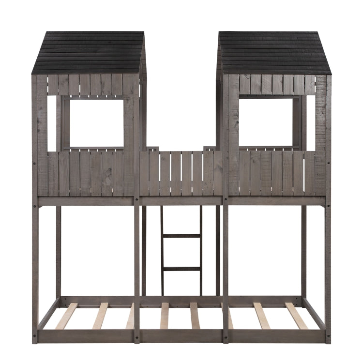 [US Warehouse] Twin-Over-Full Bunk Bed WoodBunk Bed with Roof&Window&Guardrail&Ladder, Size: 200x142.8x217.2cm(Antique Grey)