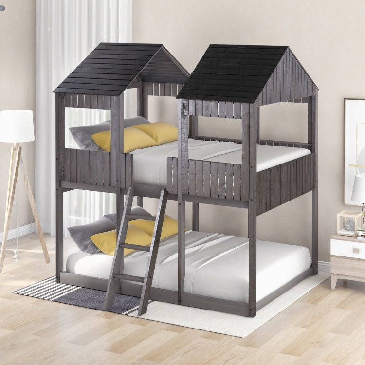 [US Warehouse] Twin-Over-Full Bunk Bed WoodBunk Bed with Roof&Window&Guardrail&Ladder, Size: 200x142.8x217.2cm(Antique Grey)