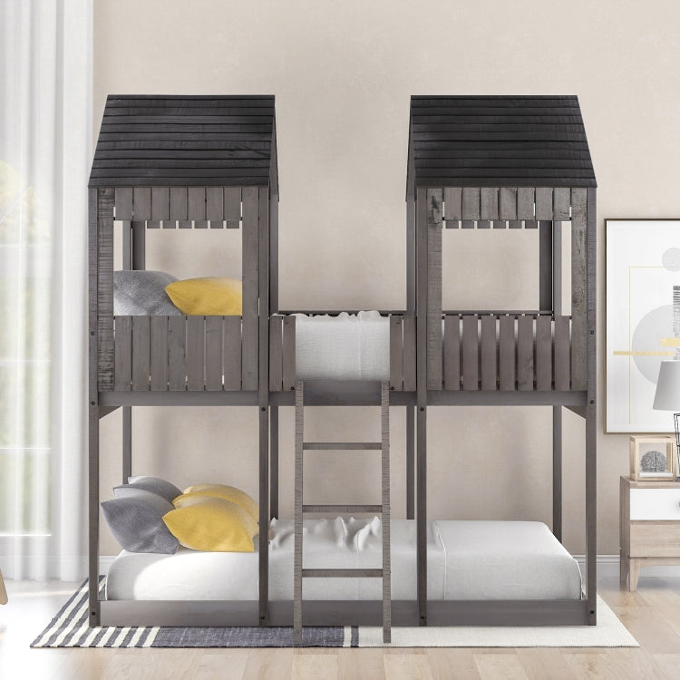 [US Warehouse] Twin-Over-Full Bunk Bed WoodBunk Bed with Roof&Window&Guardrail&Ladder, Size: 200x142.8x217.2cm(Antique Grey)