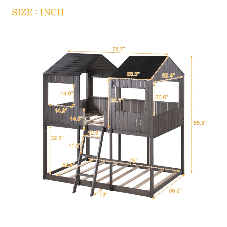 [US Warehouse] Twin-Over-Full Bunk Bed WoodBunk Bed with Roof&Window&Guardrail&Ladder, Size: 200x142.8x217.2cm(Antique Grey)