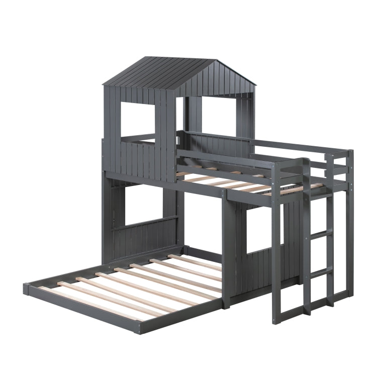 [US Warehouse] Wooden Twin Over Full Bunk Bed Loft Bed with Playhouse&Farmhouse&Ladder&Guardrails(Grey)