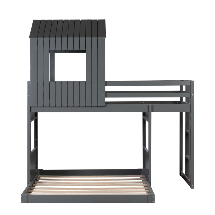 [US Warehouse] Wooden Twin Over Full Bunk Bed Loft Bed with Playhouse&Farmhouse&Ladder&Guardrails(Grey)