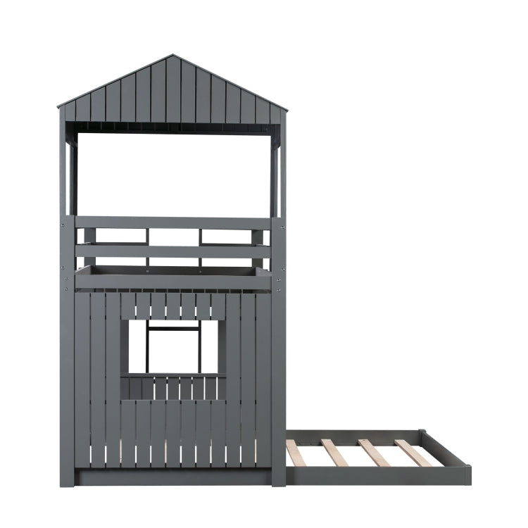 [US Warehouse] Wooden Twin Over Full Bunk Bed Loft Bed with Playhouse&Farmhouse&Ladder&Guardrails(Grey)