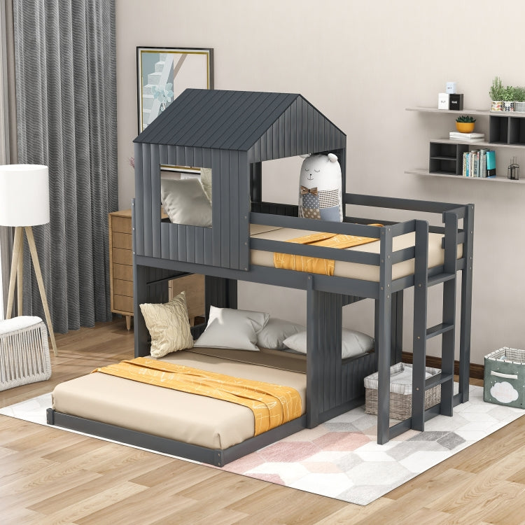 [US Warehouse] Wooden Twin Over Full Bunk Bed Loft Bed with Playhouse&Farmhouse&Ladder&Guardrails(Grey)