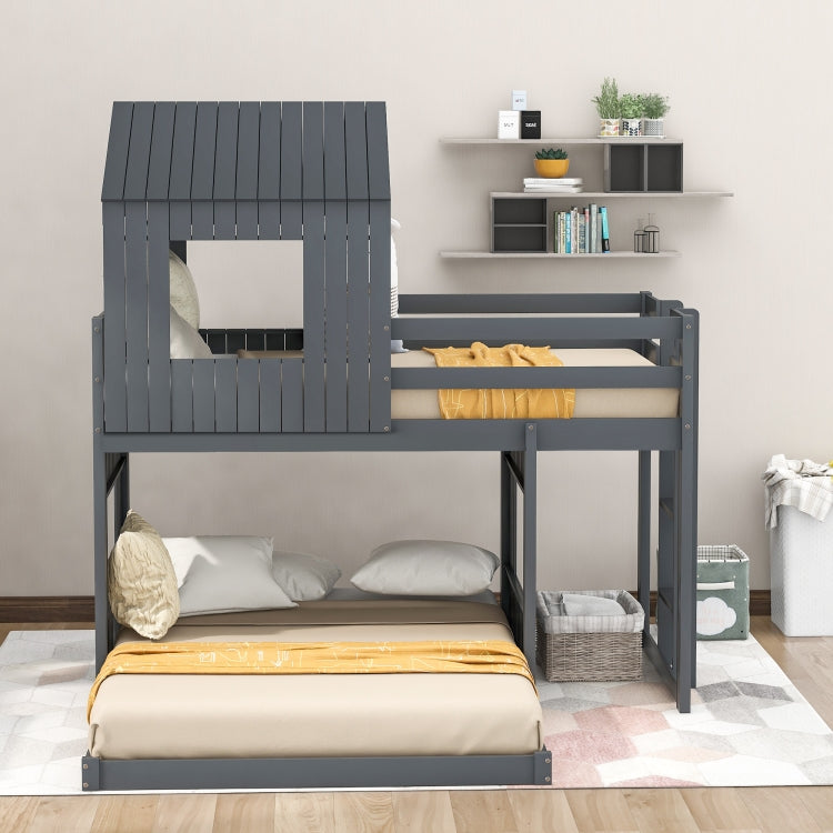 [US Warehouse] Wooden Twin Over Full Bunk Bed Loft Bed with Playhouse&Farmhouse&Ladder&Guardrails(Grey)