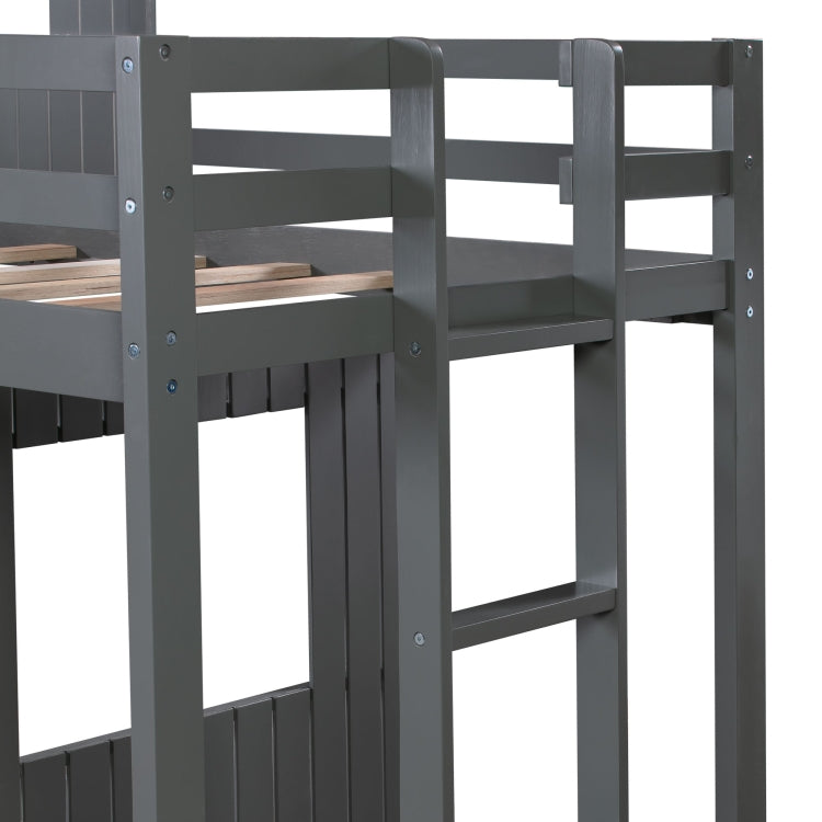 [US Warehouse] Wooden Twin Over Full Bunk Bed Loft Bed with Playhouse&Farmhouse&Ladder&Guardrails(Grey)