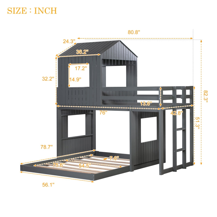 [US Warehouse] Wooden Twin Over Full Bunk Bed Loft Bed with Playhouse&Farmhouse&Ladder&Guardrails(Grey)