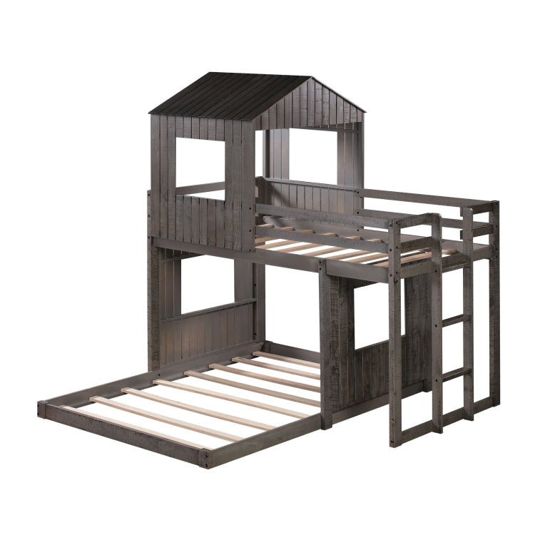 [US Warehouse] Wooden Twin Over Full Bunk Bed Loft Bed with Playhouse&Farmhouse&Ladder&Guardrails(Antique Grey)