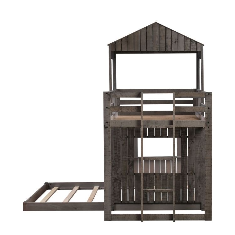 [US Warehouse] Wooden Twin Over Full Bunk Bed Loft Bed with Playhouse&Farmhouse&Ladder&Guardrails(Antique Grey)