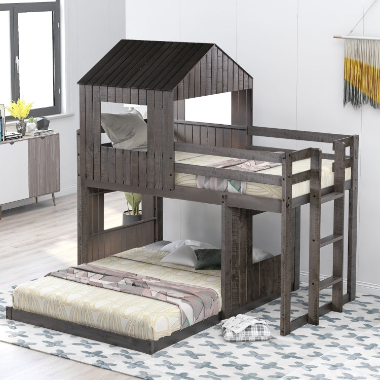 [US Warehouse] Wooden Twin Over Full Bunk Bed Loft Bed with Playhouse&Farmhouse&Ladder&Guardrails(Antique Grey)