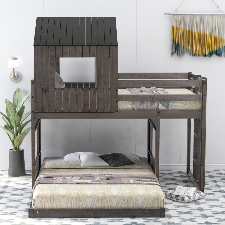 [US Warehouse] Wooden Twin Over Full Bunk Bed Loft Bed with Playhouse&Farmhouse&Ladder&Guardrails(Antique Grey)