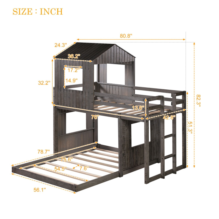 [US Warehouse] Wooden Twin Over Full Bunk Bed Loft Bed with Playhouse&Farmhouse&Ladder&Guardrails(Antique Grey)