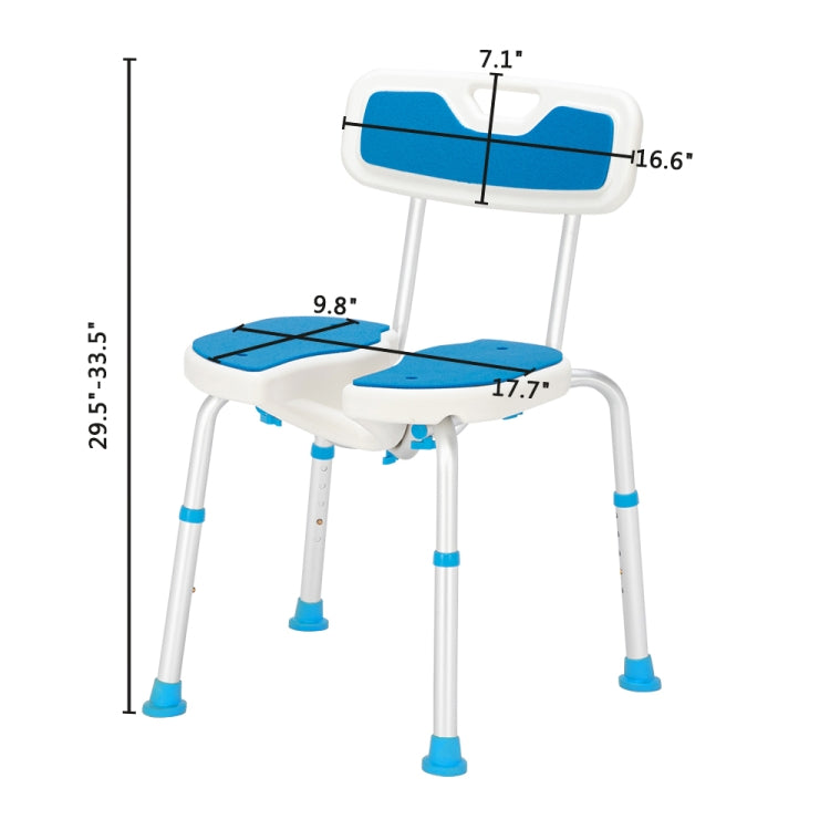 [US Warehouse] Aluminum Alloy 6-Speed Lifting Hollow Bath Chair with PE Stool & Rubber Foot Cushion & Backrest (Blue White)