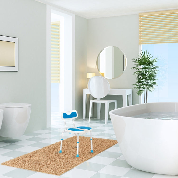 [US Warehouse] Aluminum Alloy 6-Speed Lifting Hollow Bath Chair with PE Stool & Rubber Foot Cushion & Backrest (Blue White)