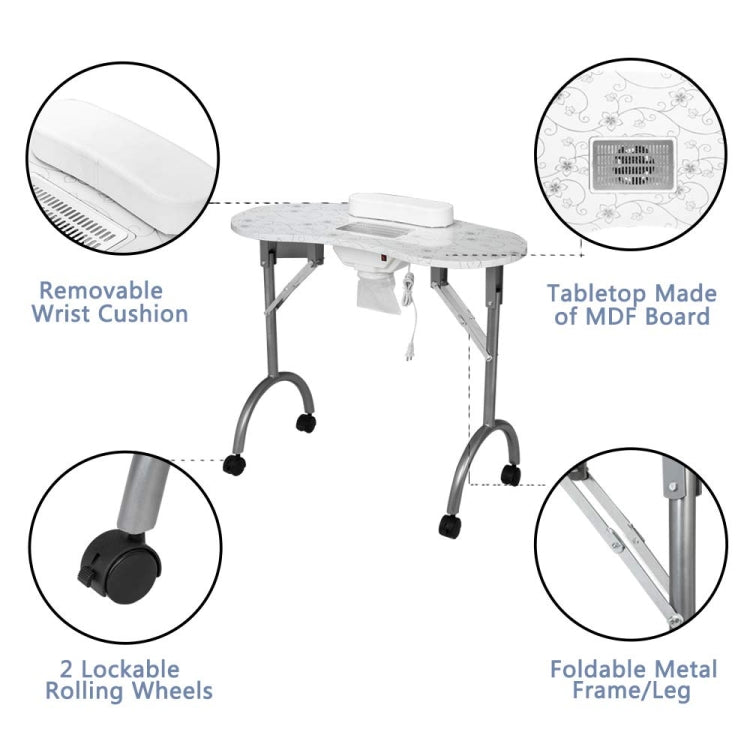 [US Warehouse] Portable Foldable Salon SPA MDF Manicure Table with Dust Collector & Cushion & Fan, Size: 90x75x75cm(White)