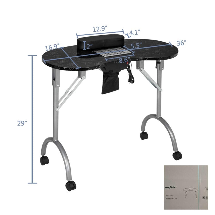 [US Warehouse] Portable Foldable Salon SPA MDF Manicure Table with Dust Collector & Cushion & Fan, Size: 90x75x75cm(Black)