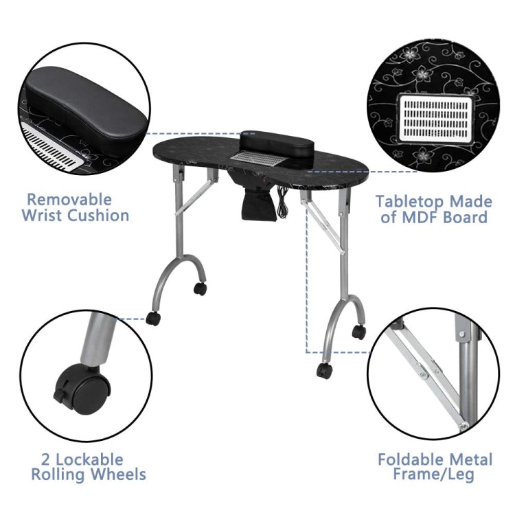 [US Warehouse] Portable Foldable Salon SPA MDF Manicure Table with Dust Collector & Cushion & Fan, Size: 90x75x75cm(Black)