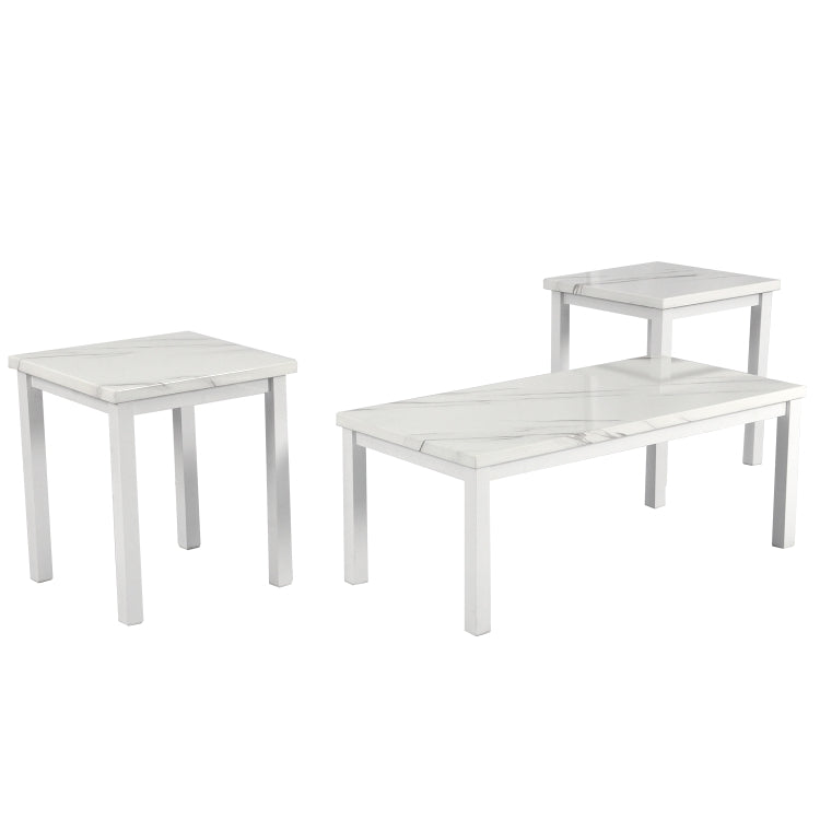 [US Warehouse] 3 in 1 Faux Marble Top Coffee Table + 2 End Tables Set (White)