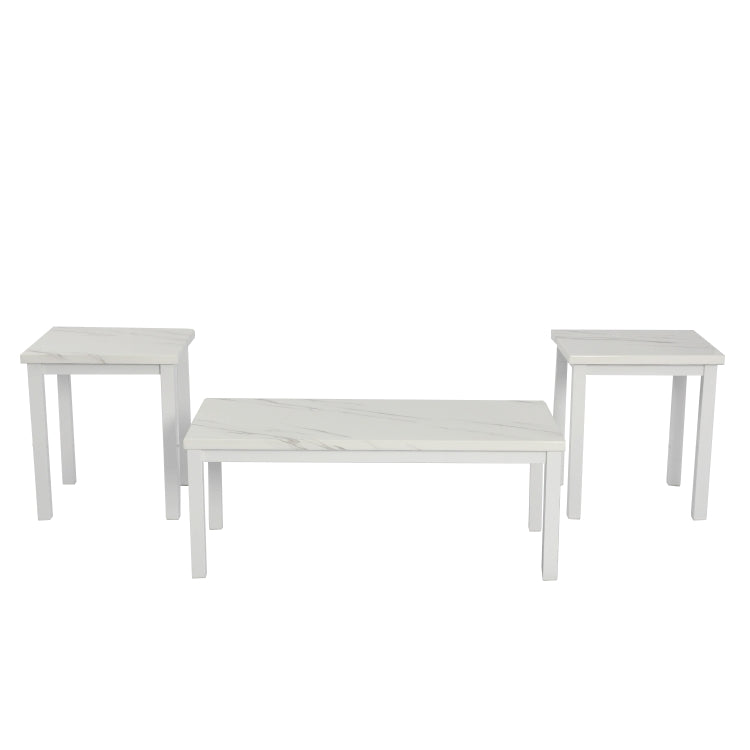[US Warehouse] 3 in 1 Faux Marble Top Coffee Table + 2 End Tables Set (White)