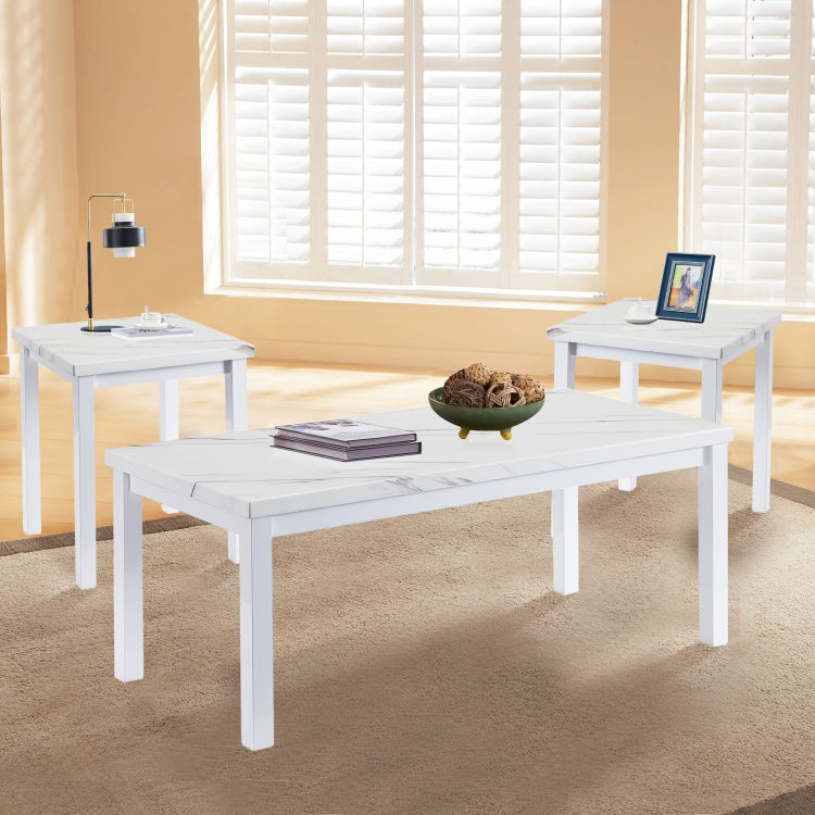 [US Warehouse] 3 in 1 Faux Marble Top Coffee Table + 2 End Tables Set (White)