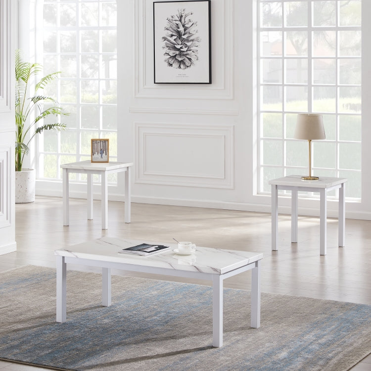 [US Warehouse] 3 in 1 Faux Marble Top Coffee Table + 2 End Tables Set (White)