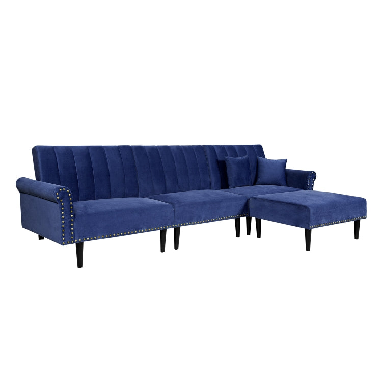 [US Warehouse] Rivet Upholstered Combination Sofa Bed with Adjustable Back, Size: 300 x 76 x 90cm (Blue)