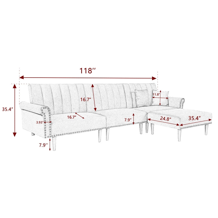 [US Warehouse] Rivet Upholstered Combination Sofa Bed with Adjustable Back, Size: 300 x 76 x 90cm (Blue)