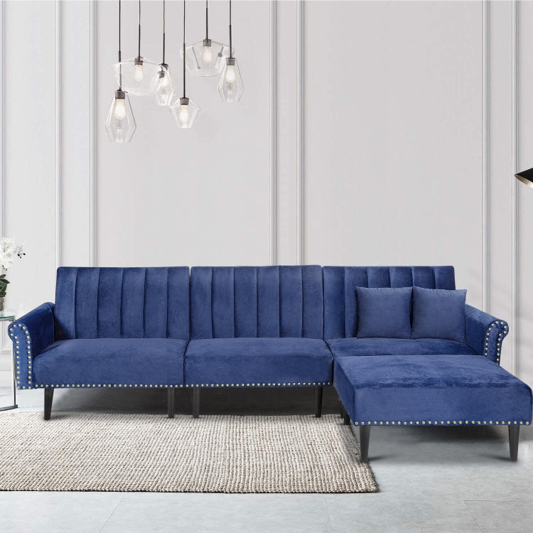 [US Warehouse] Rivet Upholstered Combination Sofa Bed with Adjustable Back, Size: 300 x 76 x 90cm (Blue)