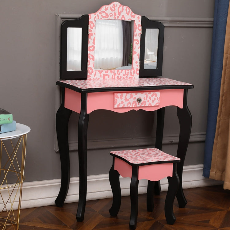 [US Warehouse] Three-Fold Mirror Leopard Pattern Single Drawer Arc Feet Children Dresser Print, Table Size: 60 x 28 x 98cm(Pink)