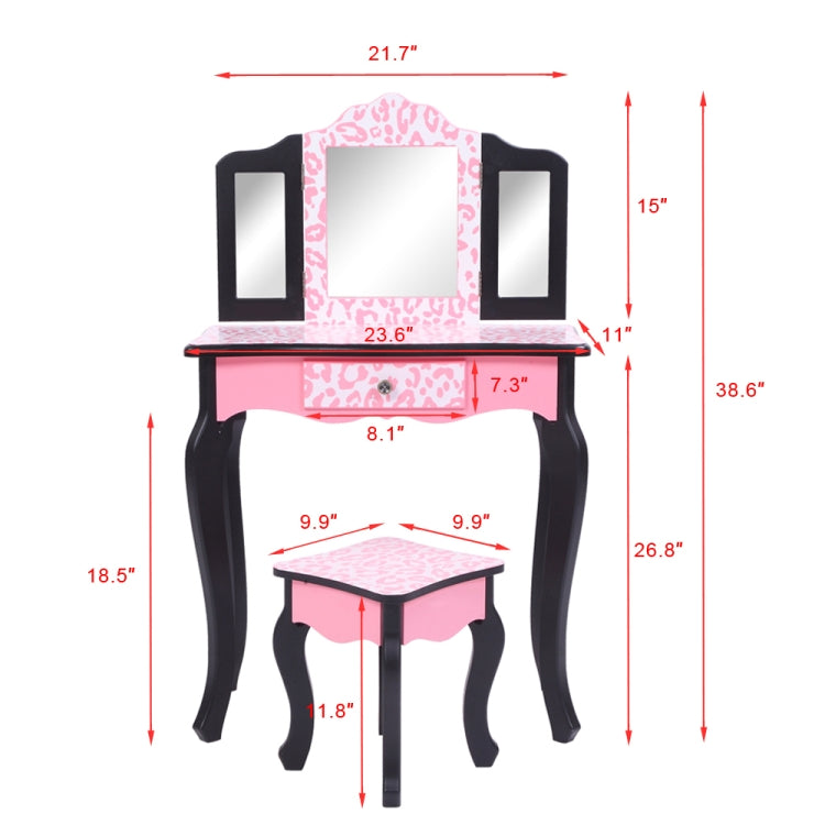 [US Warehouse] Three-Fold Mirror Leopard Pattern Single Drawer Arc Feet Children Dresser Print, Table Size: 60 x 28 x 98cm(Pink)