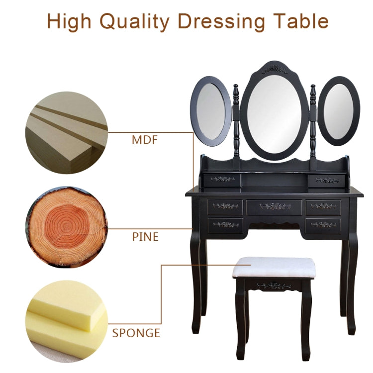 [US Warehouse] Foldable 3 Mirrors Dressing Table with 7 Drawers, Size: 90 x 40 x 147cm(Black)