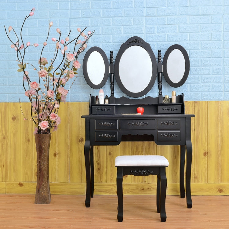 [US Warehouse] Foldable 3 Mirrors Dressing Table with 7 Drawers, Size: 90 x 40 x 147cm(Black)