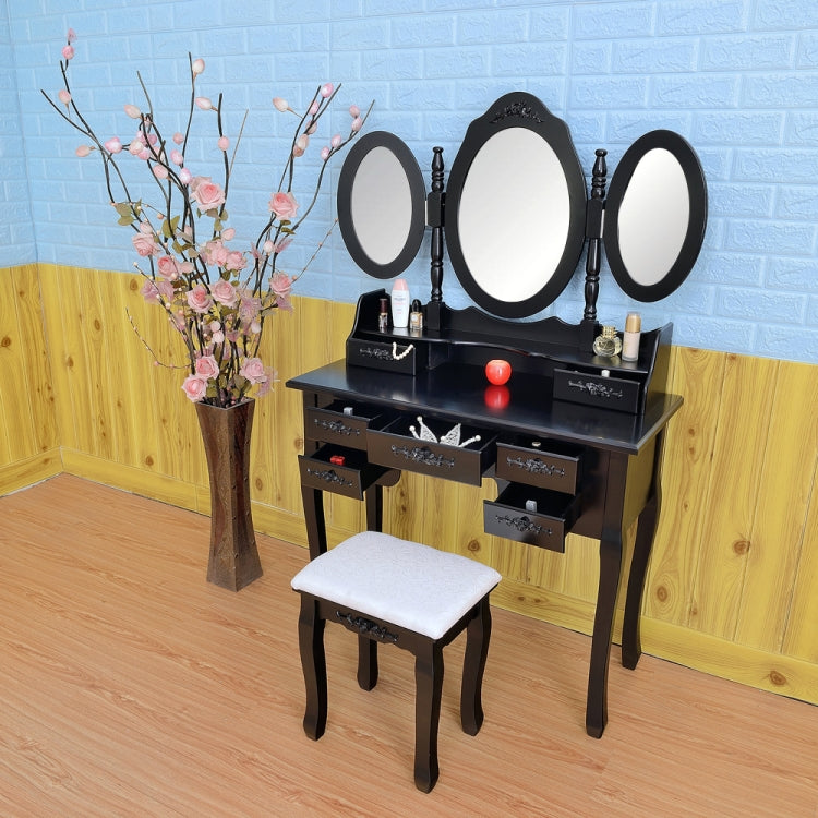 [US Warehouse] Foldable 3 Mirrors Dressing Table with 7 Drawers, Size: 90 x 40 x 147cm(Black)
