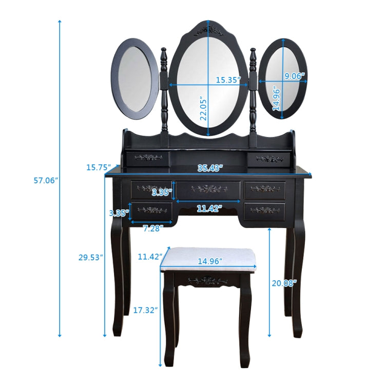 [US Warehouse] Foldable 3 Mirrors Dressing Table with 7 Drawers, Size: 90 x 40 x 147cm(Black)