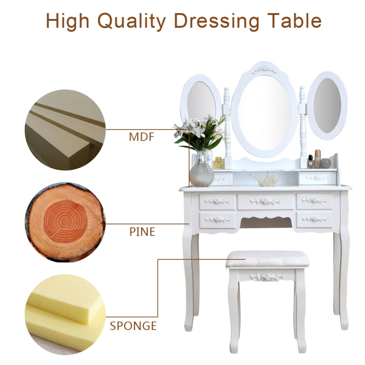 [US Warehouse] Foldable 3 Mirrors Dressing Table with 7 Drawers, Size: 90 x 40 x 147cm